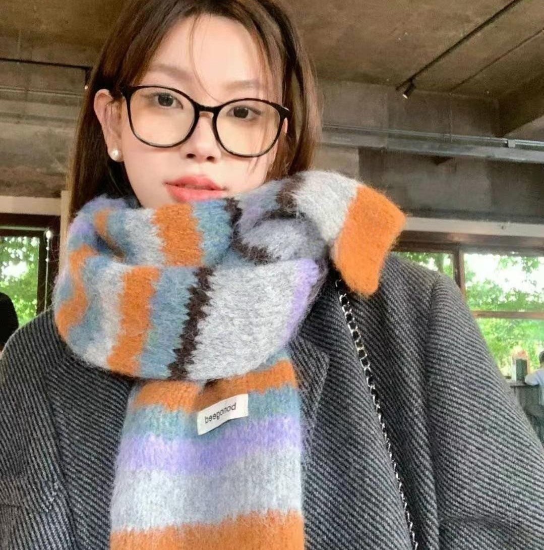 正韓EBA學院風撞色條紋圍巾 ( 8%羊毛 )