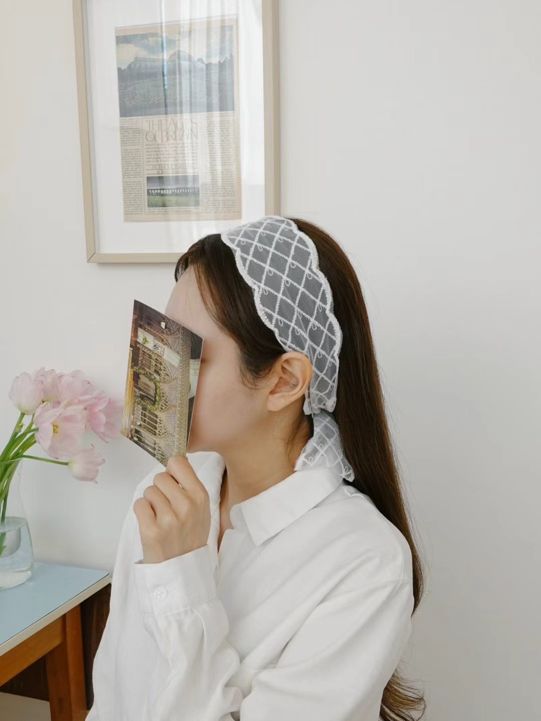 韓國 UNI 薄紗蕾絲格紋小花綁帶頭飾絲帶