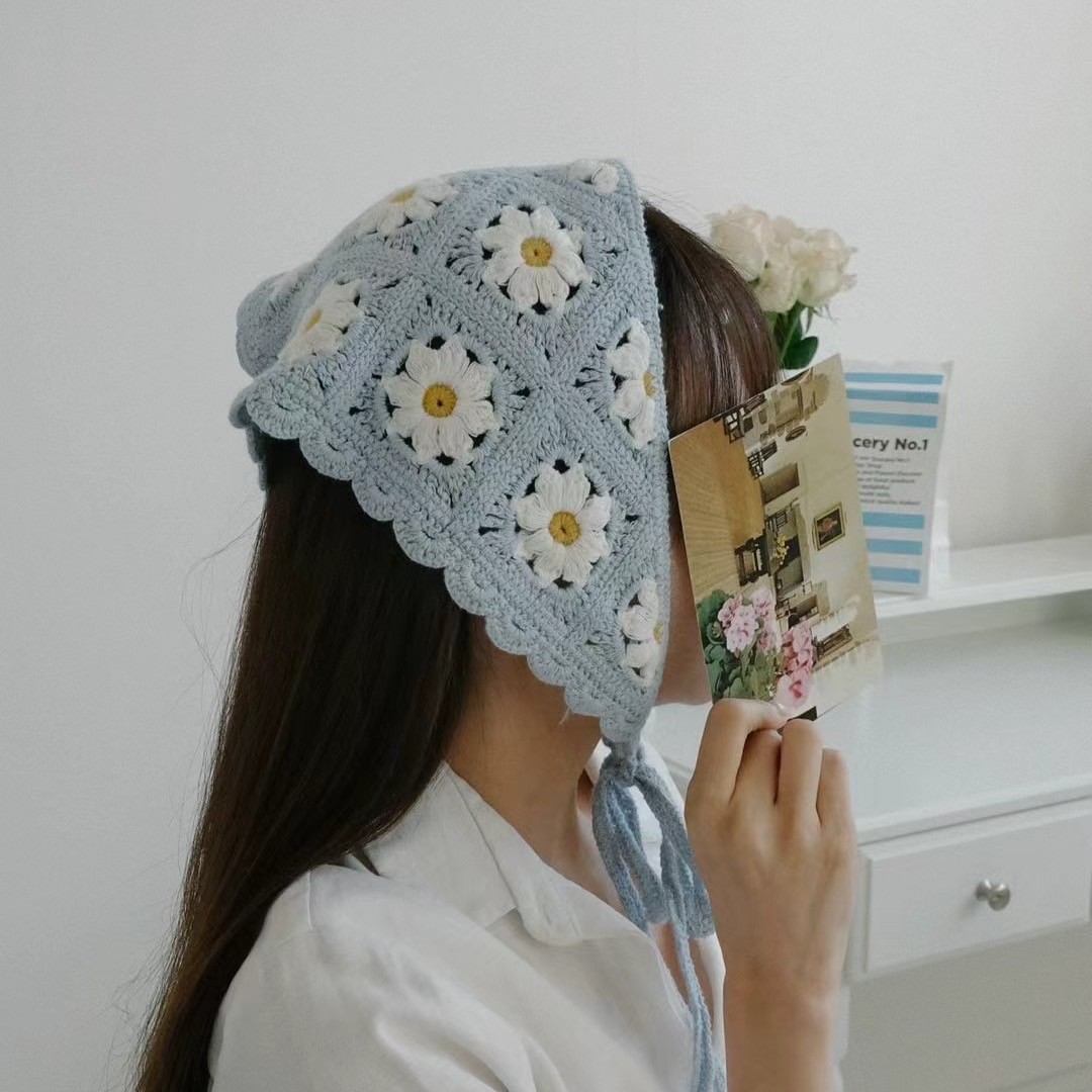 韓國UNI潔淨雛菊蕾絲花邊綁繩頭巾