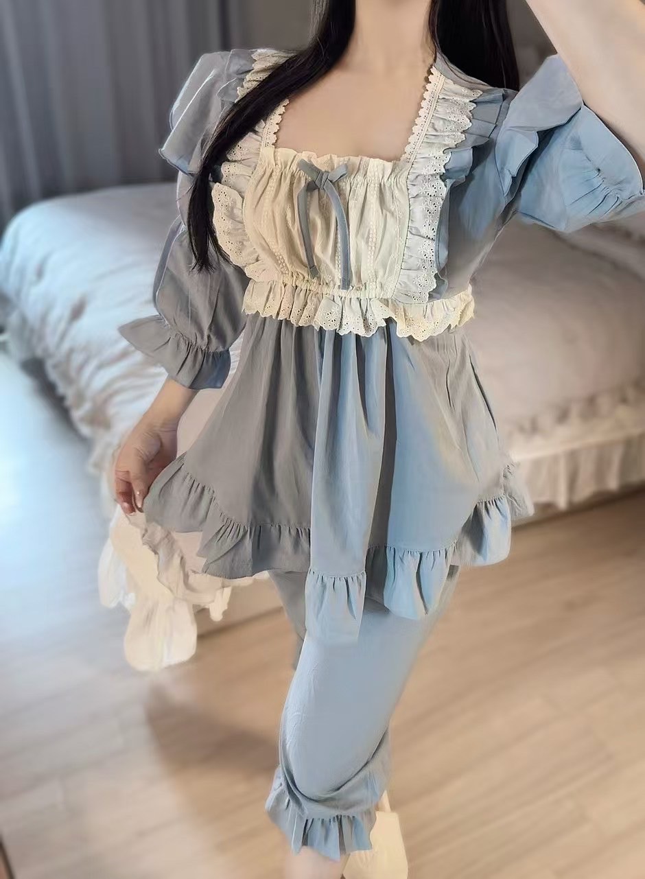 韓國 LUNA 法式鄉村抓袖五分褲子睡衣套裝