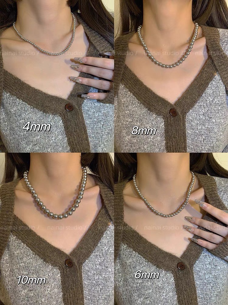 韓國 REA 法式鈦灰圓形珍珠項鍊 4 .6 mm