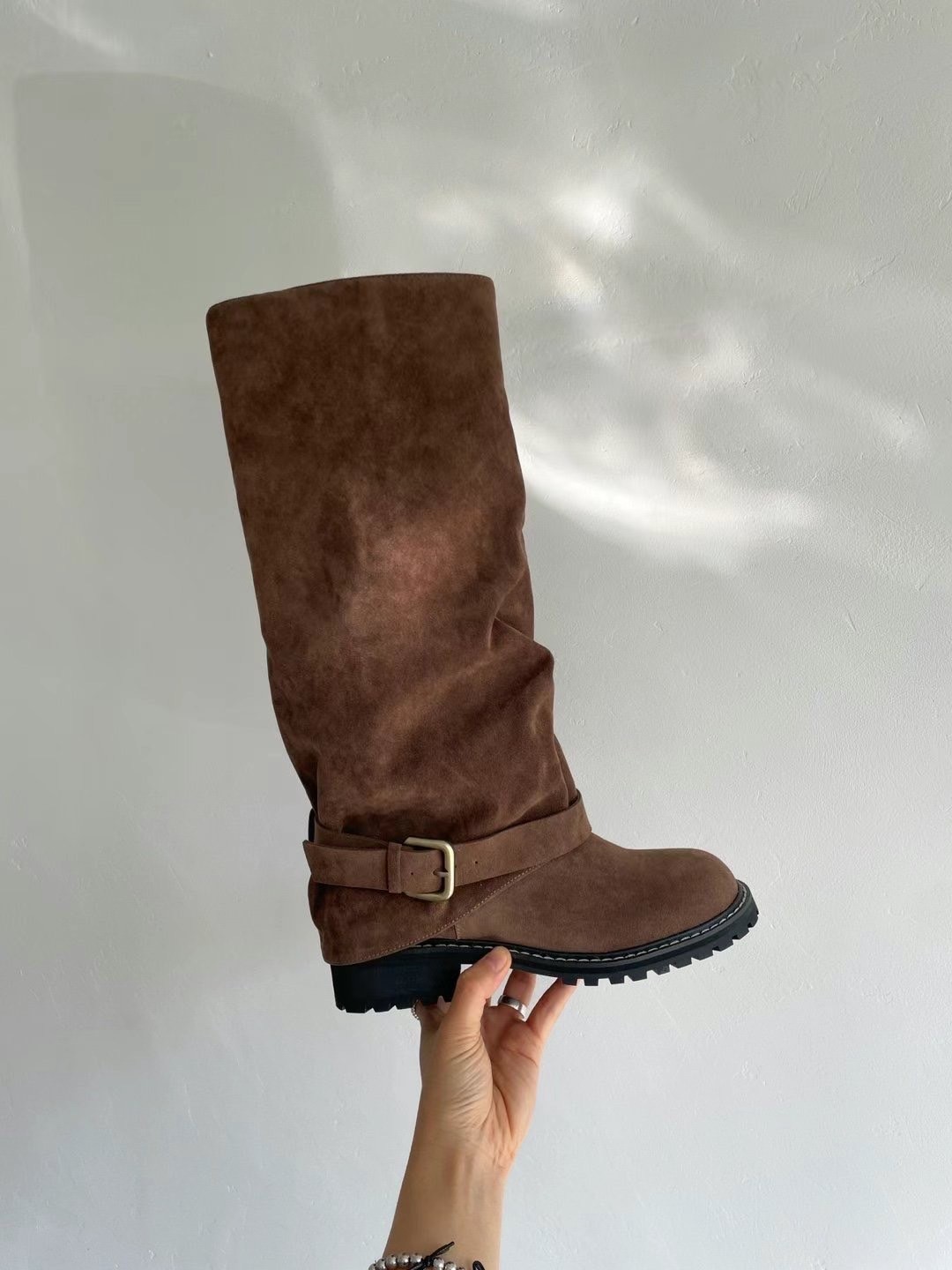 韓國PLA率性直筒抓皺低跟褲靴