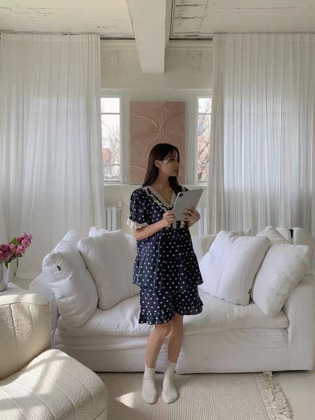 韓國 LUNA 法式浪漫碎花蕾絲長裙套裝睡衣