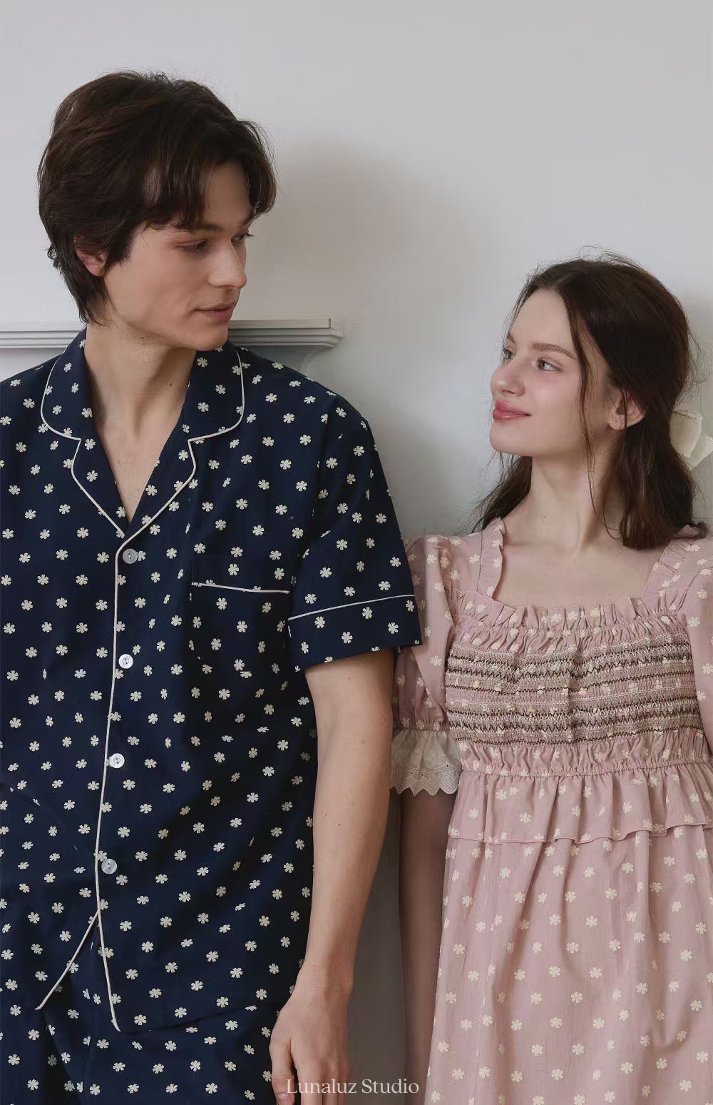 韓國 LUNA 法式點點公主袖男女情侶睡衣