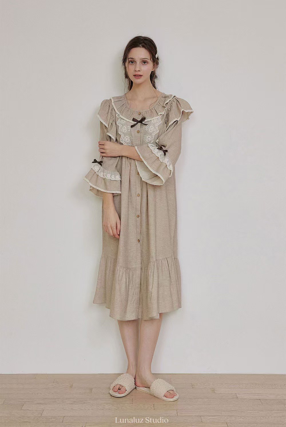 韓國 LUNA 歐式貴族典雅荷葉長裙洋裝睡衣