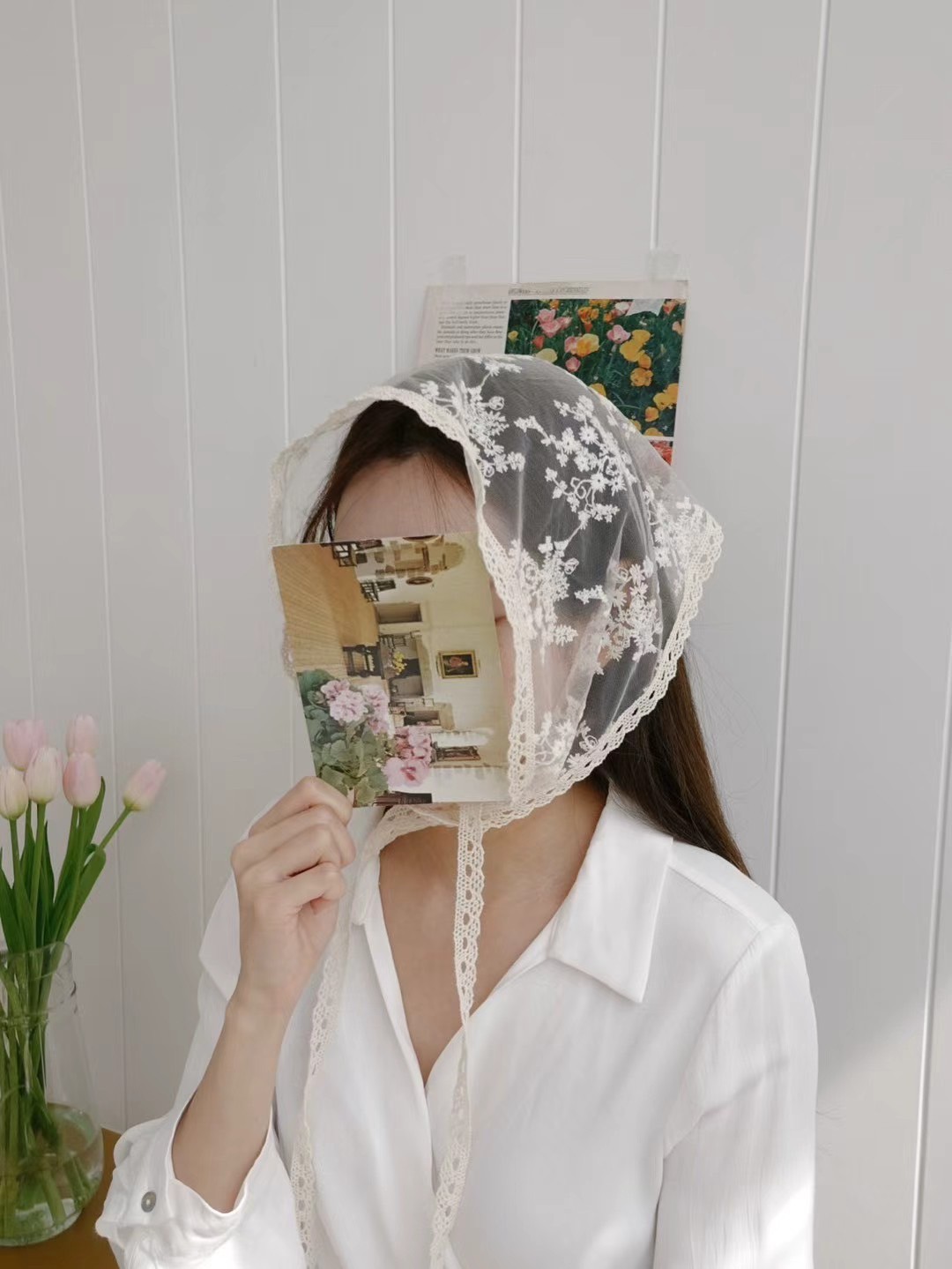 韓國 UNI 薄紗繡花頭巾絲巾