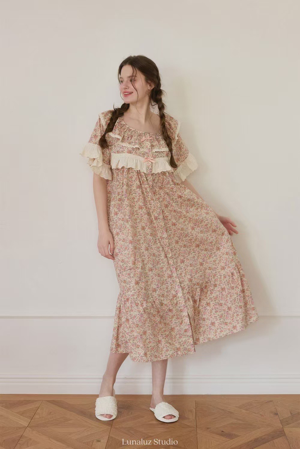 韓國 LUNA 法式鄉村碎花蛋糕長裙睡衣