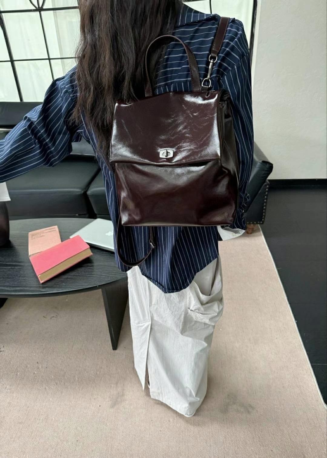 韓國TRO 復古油蠟軟皮手提後背包