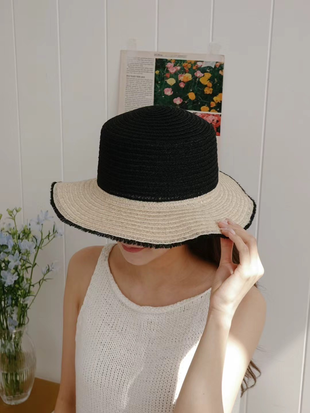 韓國 UNI 初夏編織撞色圓形帽草帽