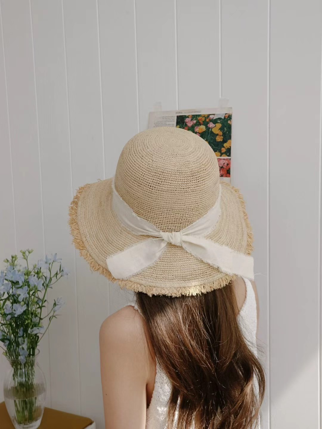 韓國 UNI 初夏不收邊蝴蝶結圓形帽草帽