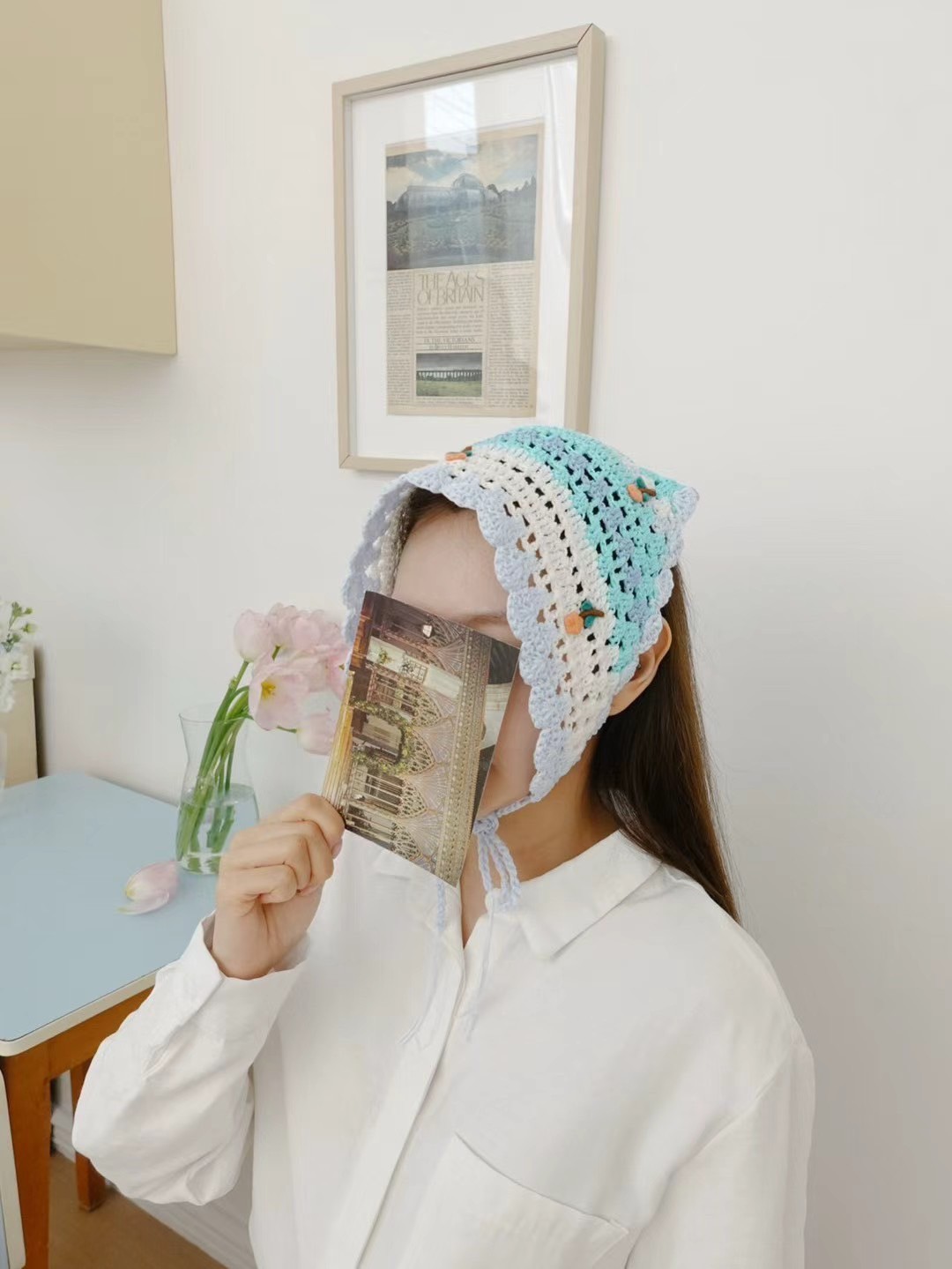 韓國 UNI 糖果手果編織小花頭巾絲巾