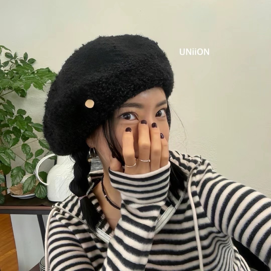 正韓UNI金扣毛呢貝雷帽