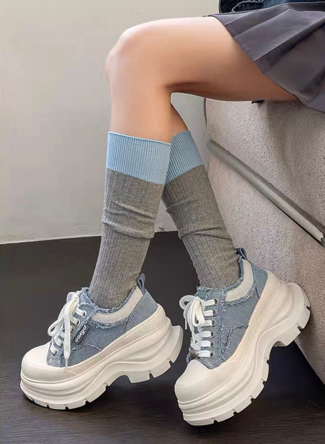 韓國 AL 六公分弧刀牛仔單寧厚底板鞋 (男女)