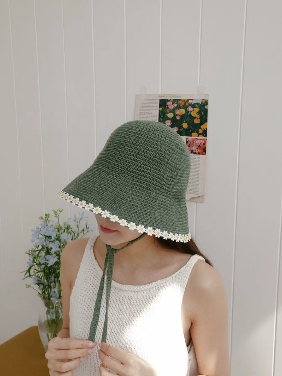 韓國 UNI 度假素色編織雛菊綁繩漁夫帽