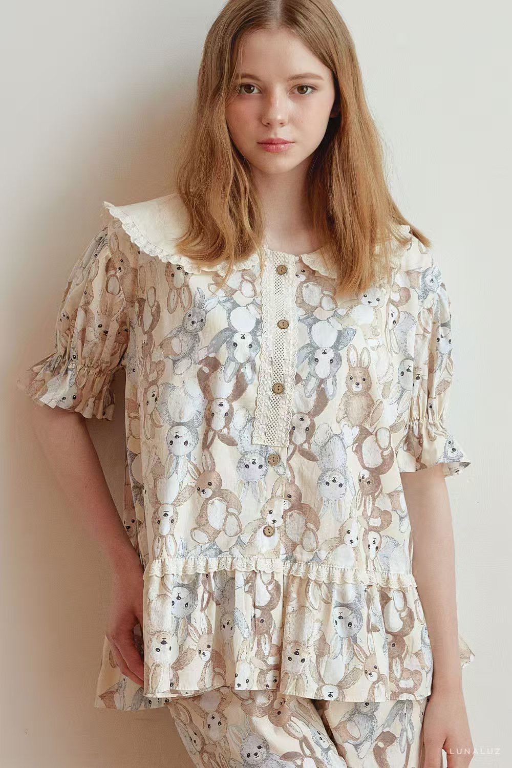 韓國 LUNA 童趣兔寶荷葉短褲套裝睡衣(女)