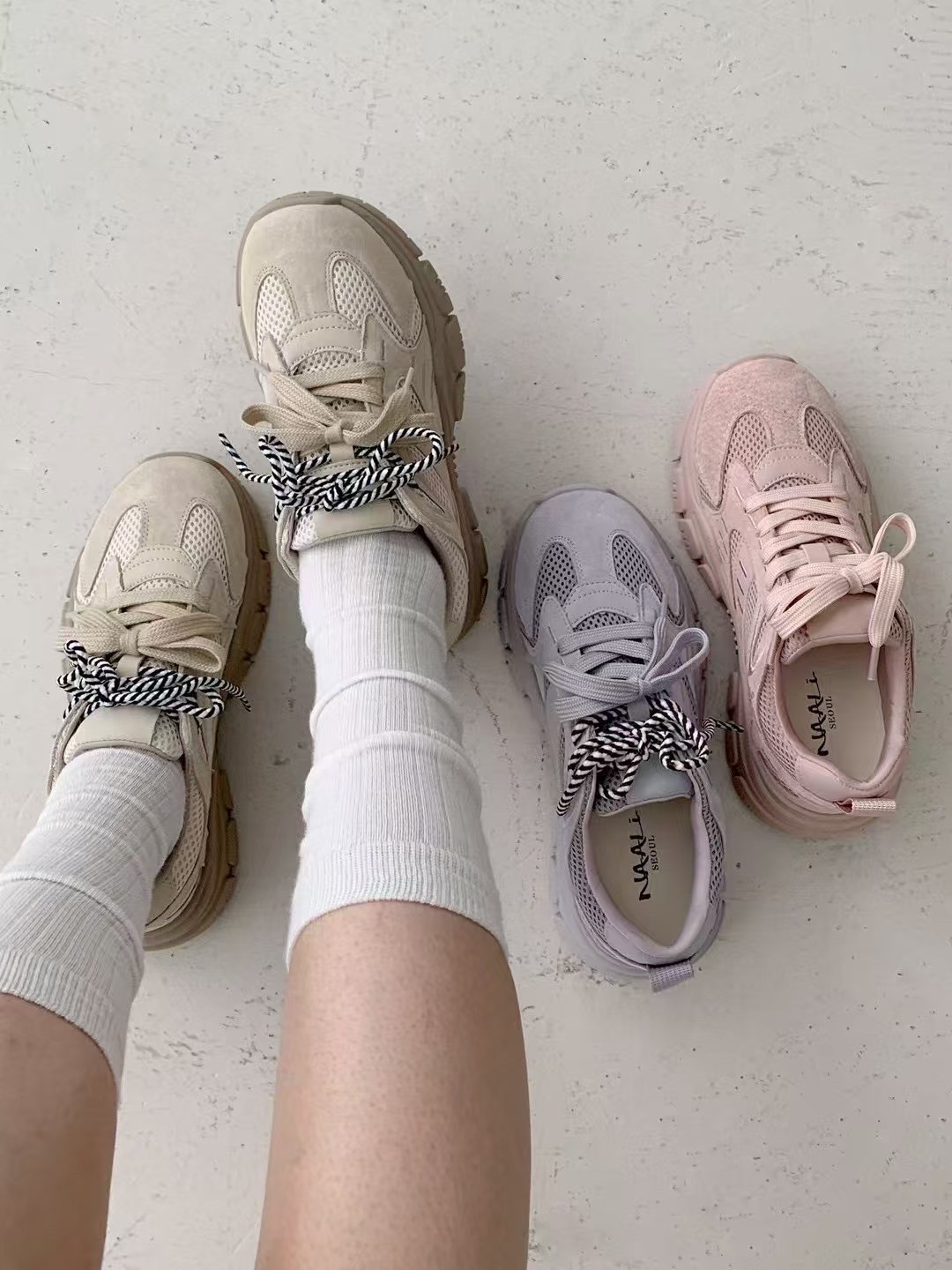 韓國 NAA 真皮撞色雙繩老爹運動休閒女鞋