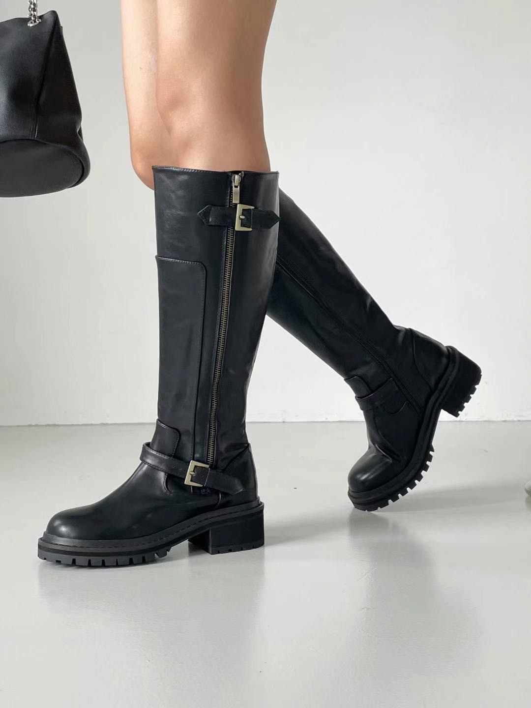 韓國ELF基本款 雙帶低跟膝下長靴