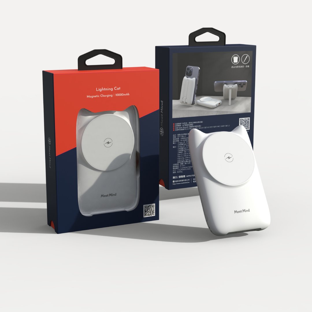 (5折福利品出清) 10000mAh 閃電貓 Magsafe 22W PD/QC磁吸無線快充行動電源-自帶線