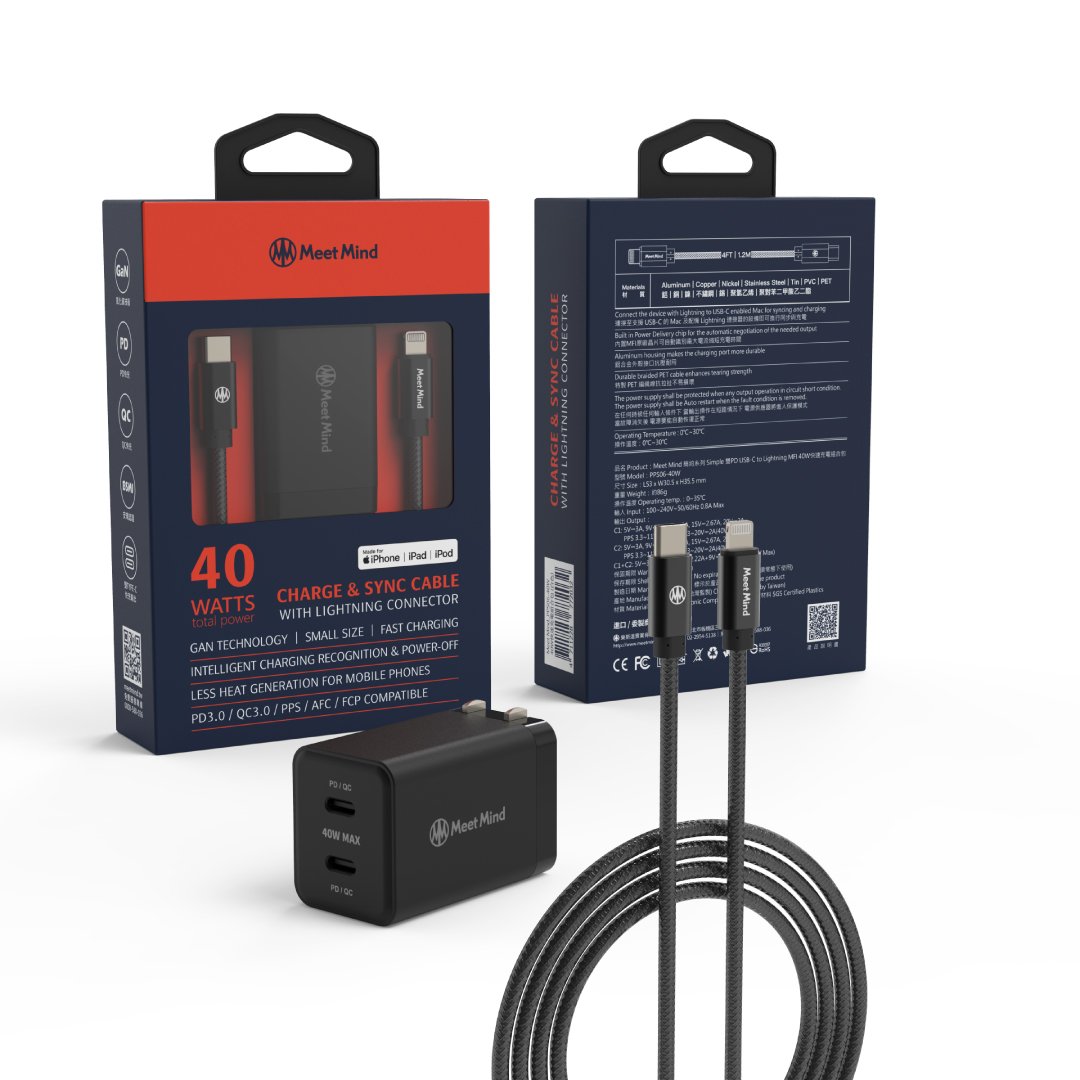 (5折福利品出清) 簡約系列 Simple 雙PD 40W USB-C to Lightning MFI 1.2M 快速充電組 (2孔2C)