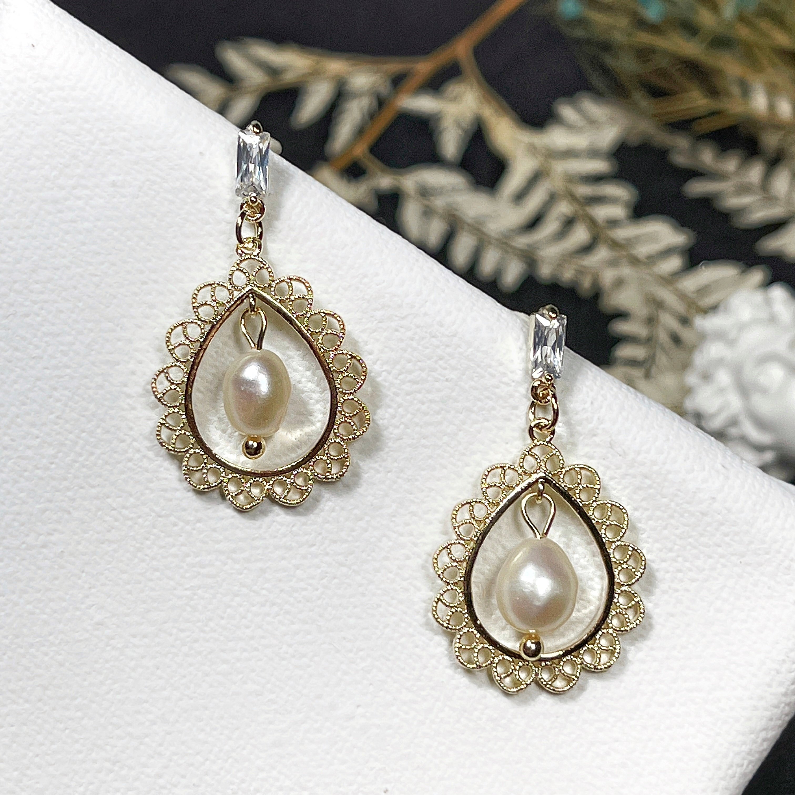 【 淳飾 】銀針｜復古簍空珍珠垂墜 12161902