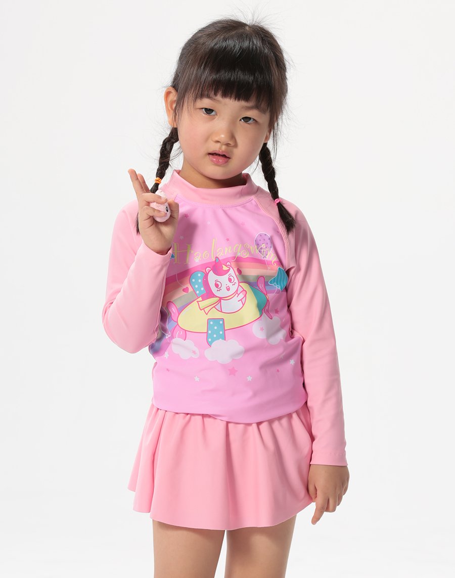 Haolang 粉紅天空女童長袖泳衣(整套)