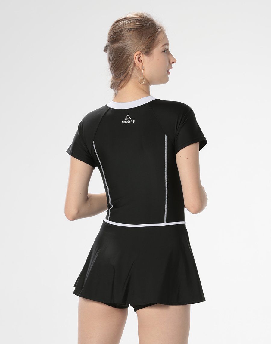 Haolang 經典黑短袖連身裙泳衣