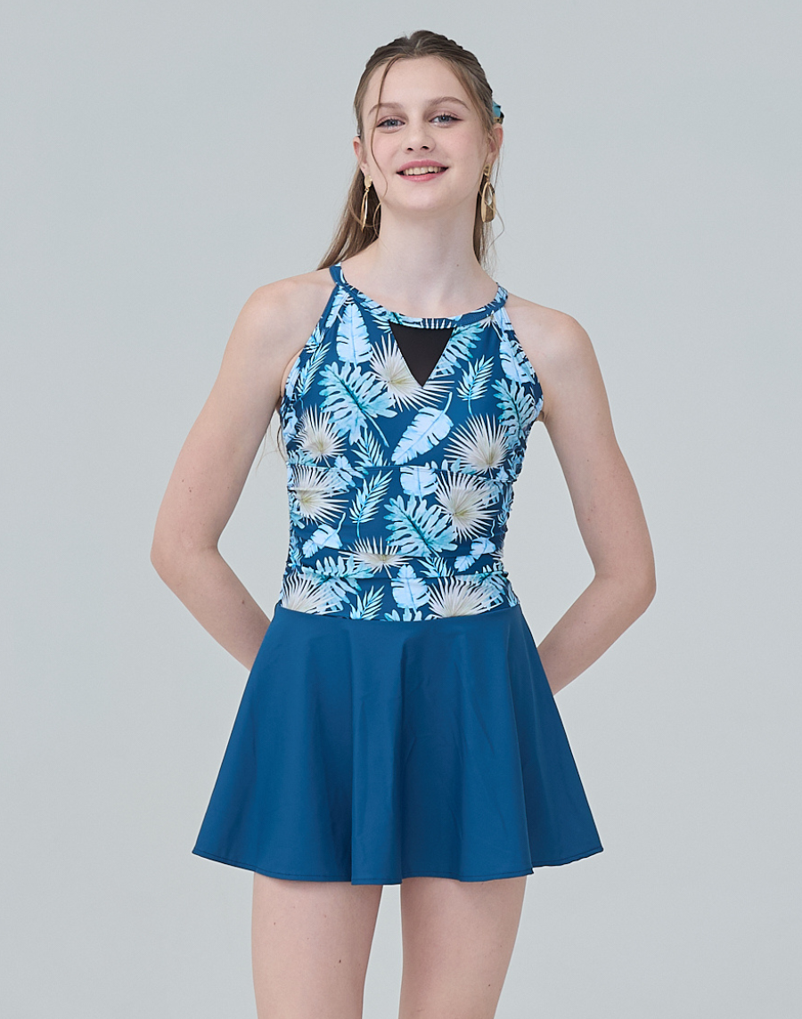 Haolang 海島藍葉挖背連身裙泳衣/大尺碼