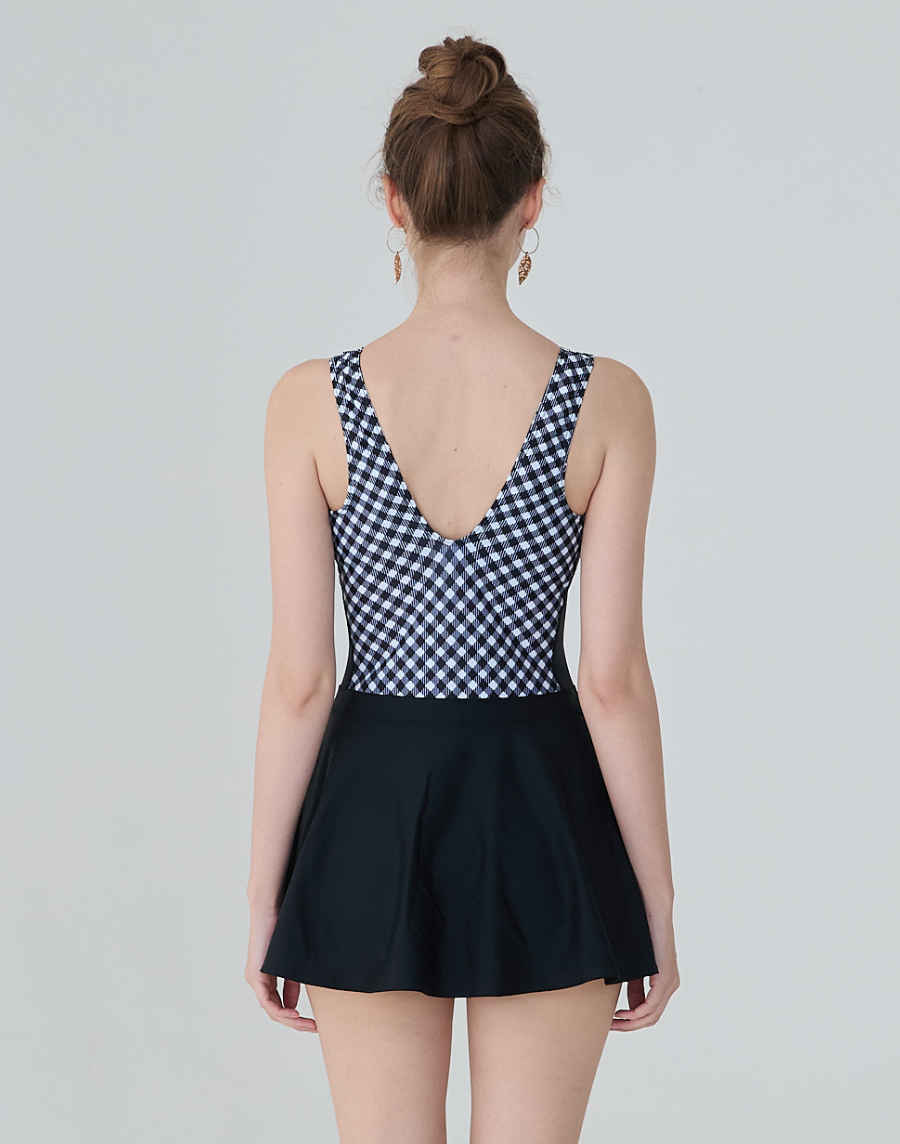 Haolang 黑白格紋連身裙泳衣