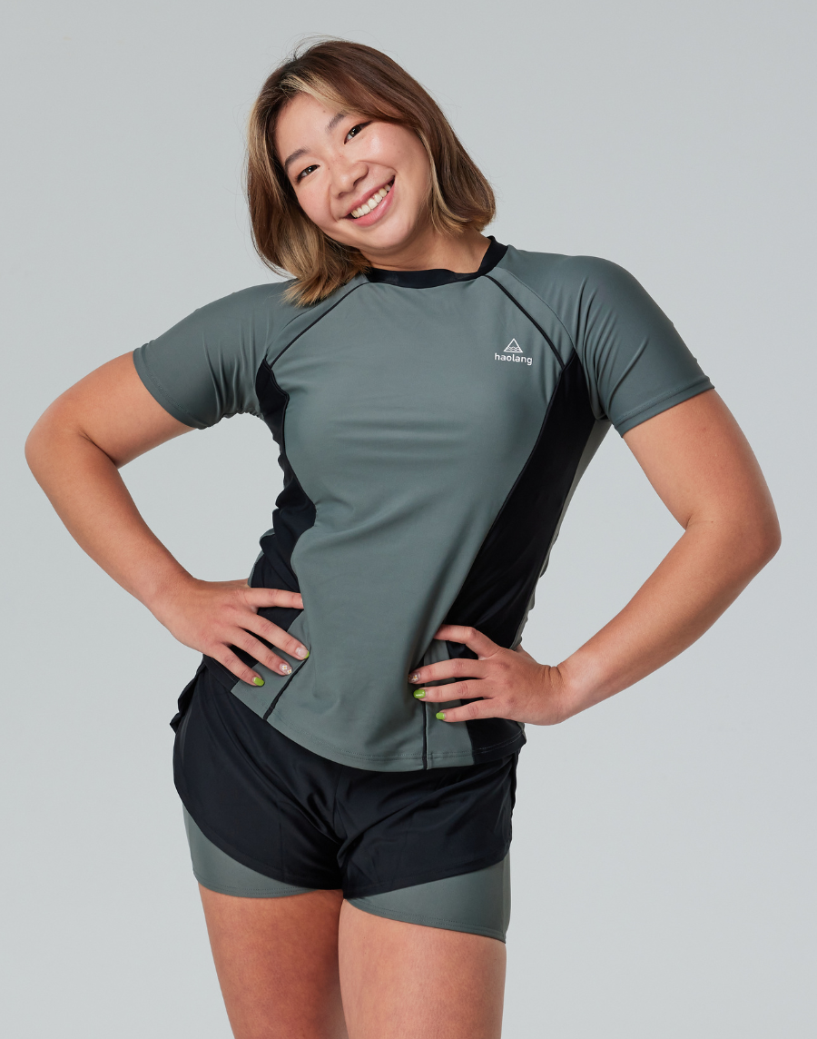 Haolang 炭灰綠拼色短袖泳衣