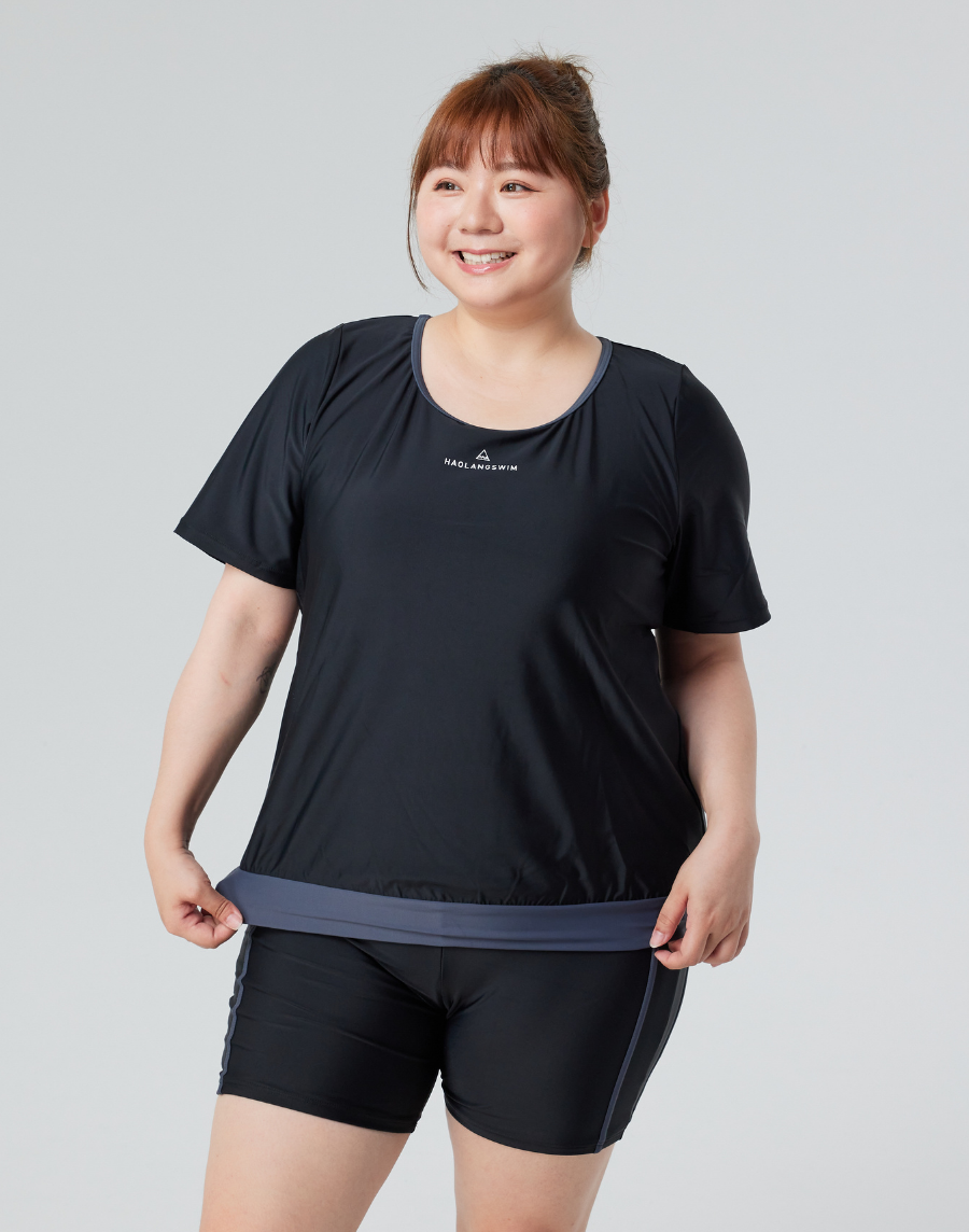 Haolang 經典黑大尺碼兩件式泳衣/寬鬆型