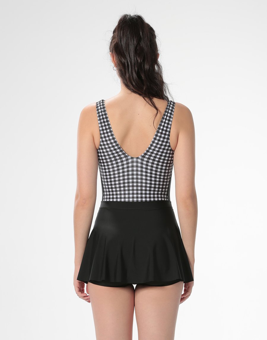 Haolang 黑白格紋連身裙泳衣