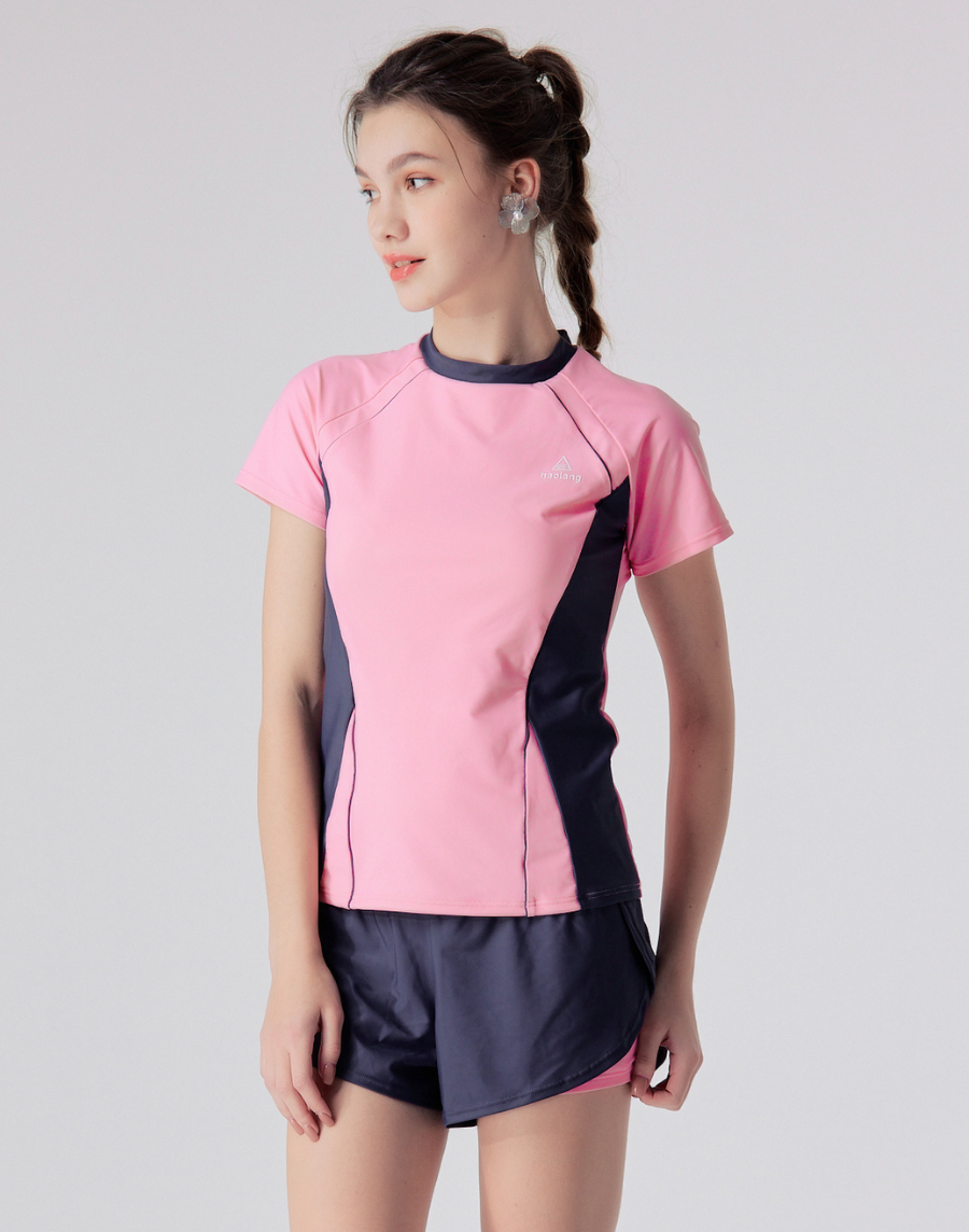 Haolang 櫻粉花瓣拼色短袖泳衣