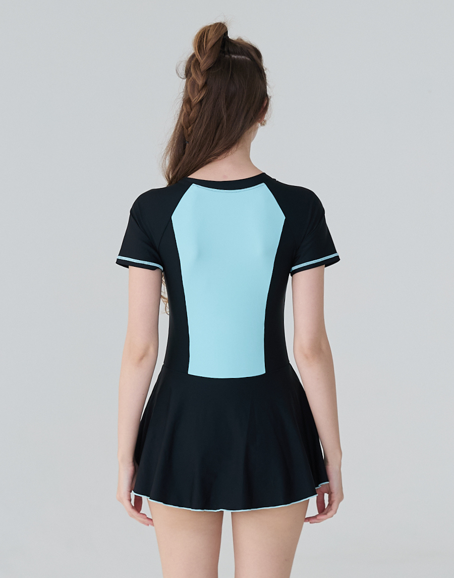 Haolang 經典拼色短袖拉鍊連身裙泳衣