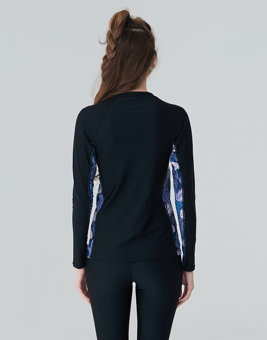 Haolang 經典黑花葉長袖拉鍊泳衣