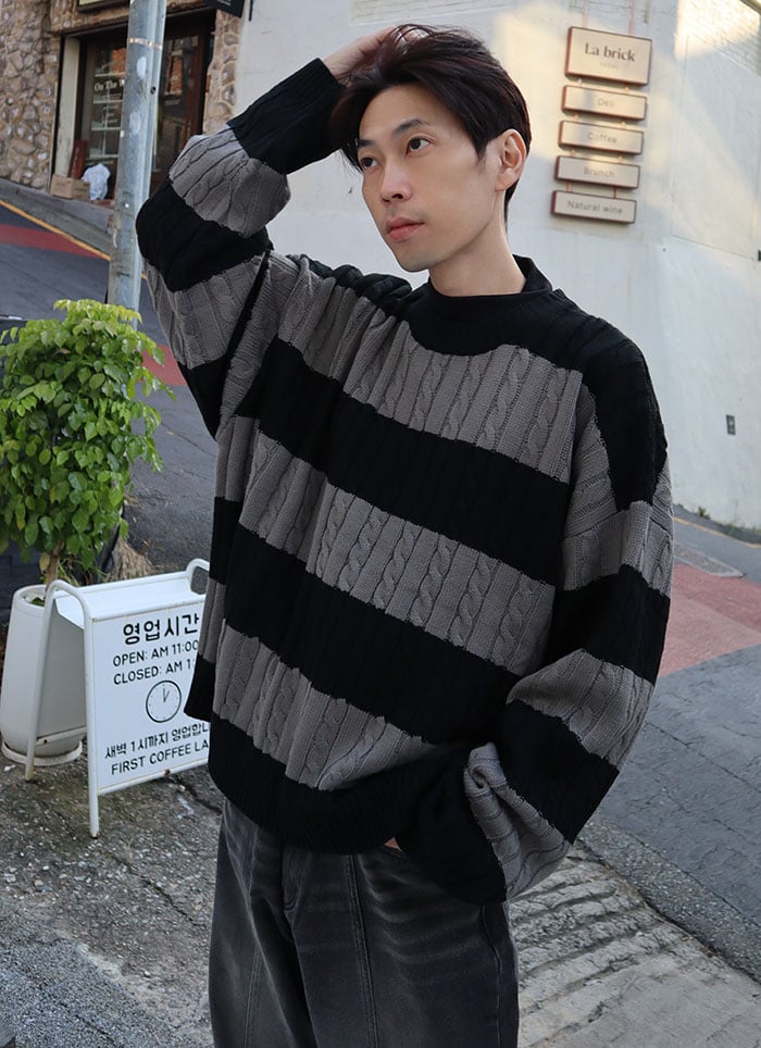 【 Giusto 】 配色橫條麻花針織上衣