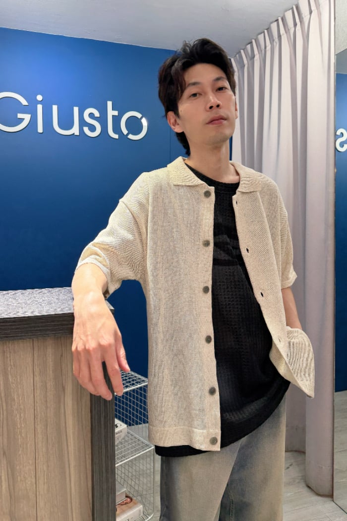 【 Giusto 】亞麻細針織小翻領短袖襯衫