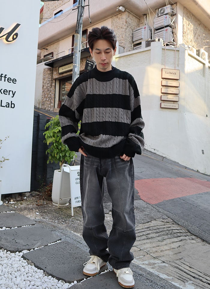 【 Giusto 】 配色橫條麻花針織上衣