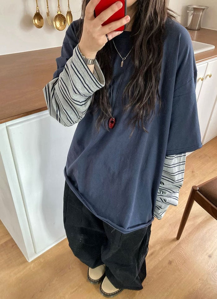 【 Giusto 】拼接條紋袖情侶款上衣