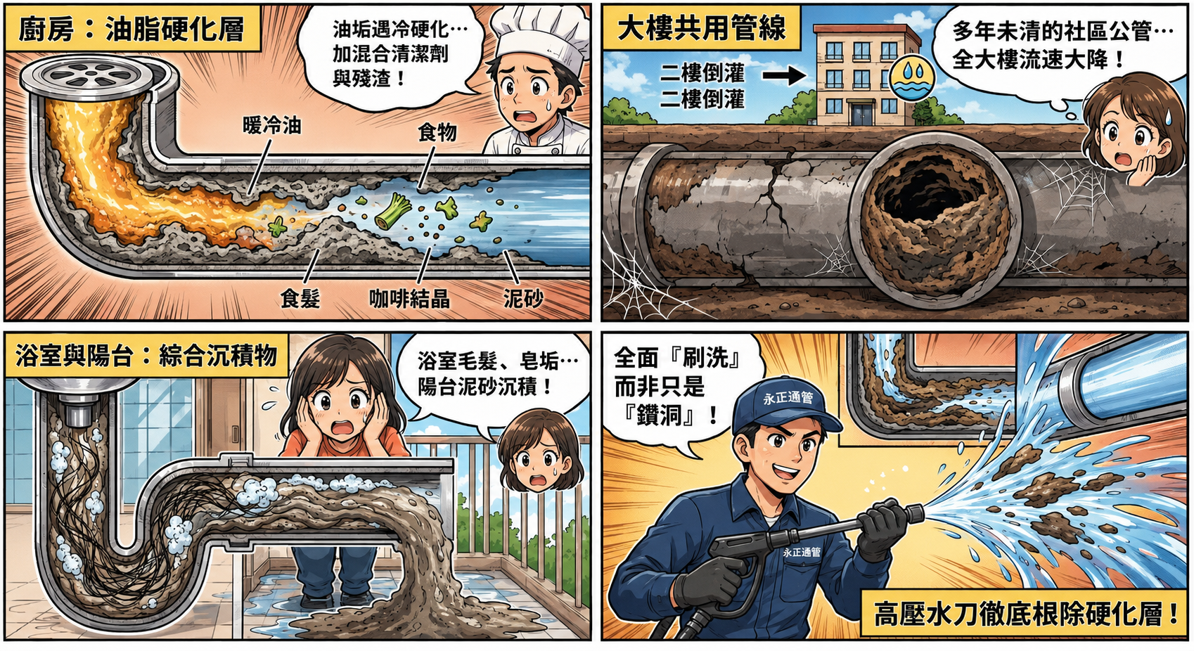 高雄通管｜雨季前管壁縮徑比堵住更可怕｜永正環保水刀通管與排水管疏通