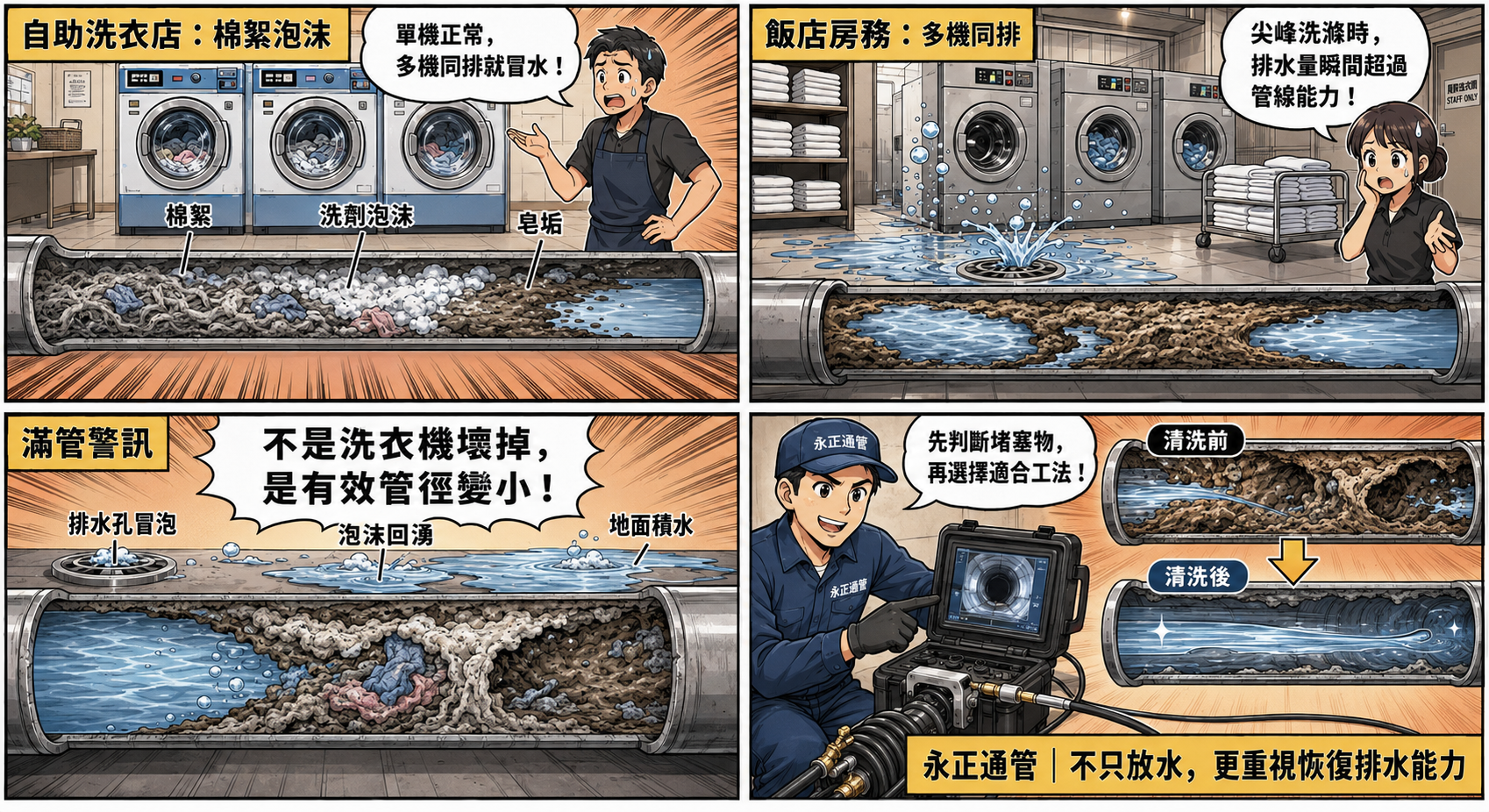 高雄自助洗衣店排水為什麼突然滿管？棉絮、泡沫與尖峰用水的三重堵塞｜永正企業工程