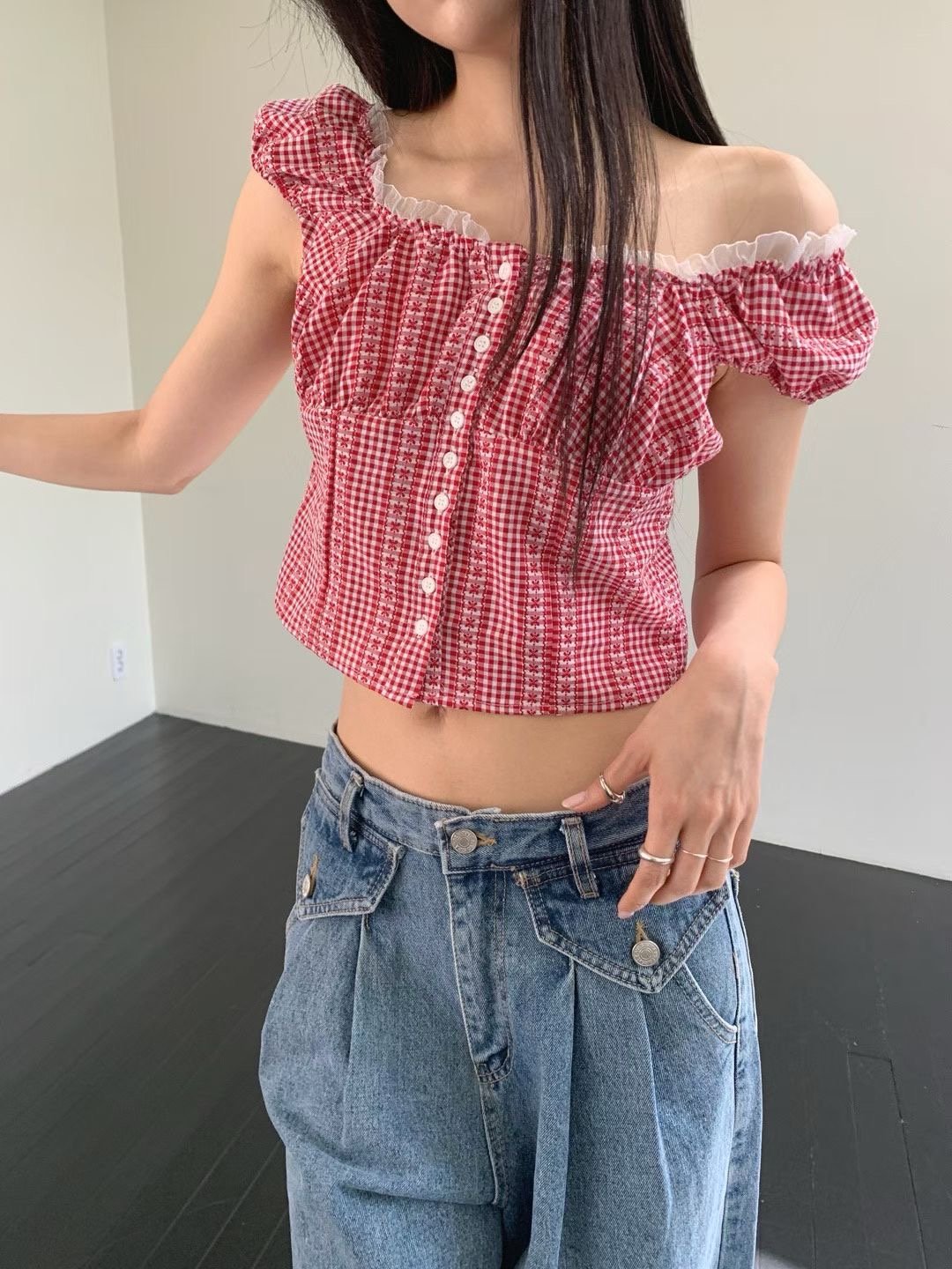 ♡正韓♡蕾絲排扣格紋上衣