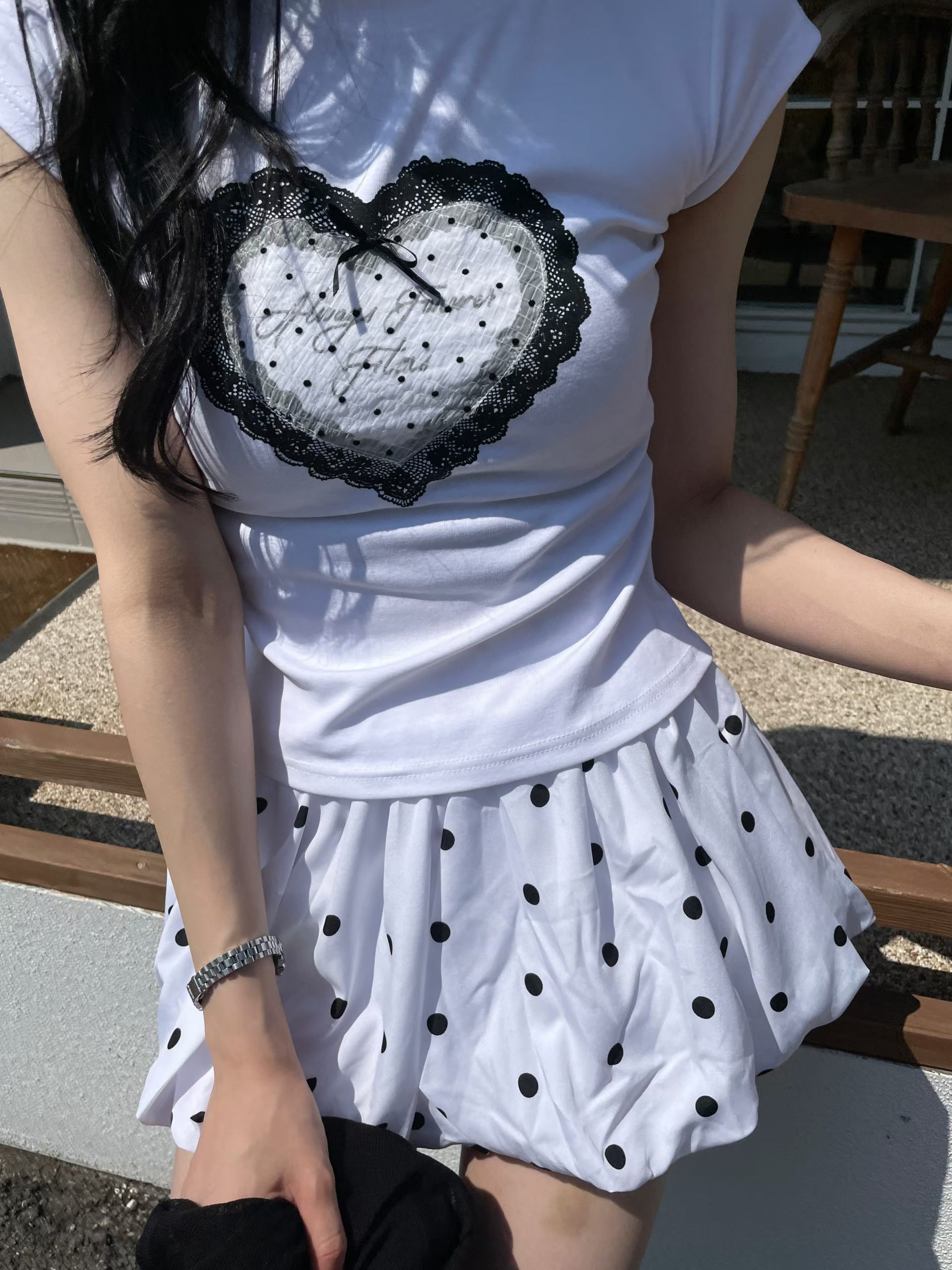 ♡正韓♡蕾絲波點愛心圓領T