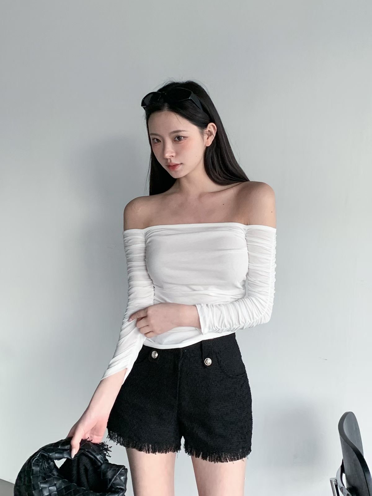 ♡正韓♡氣質手袖抓皺一字上衣