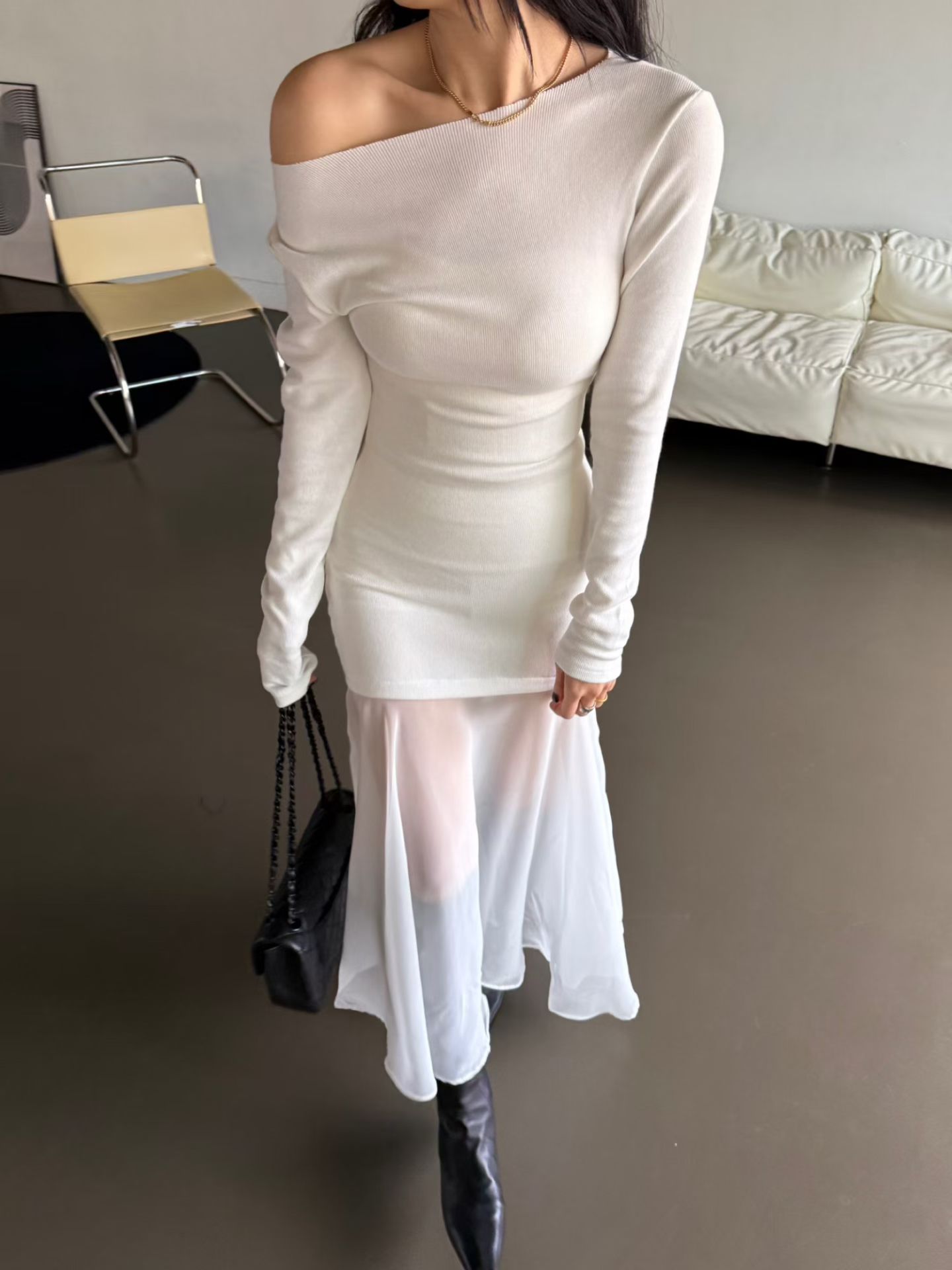 ♡正韓♡拼紗長袖洋裝可斜肩