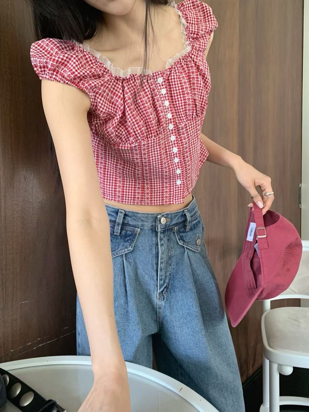 ♡正韓♡蕾絲排扣格紋上衣