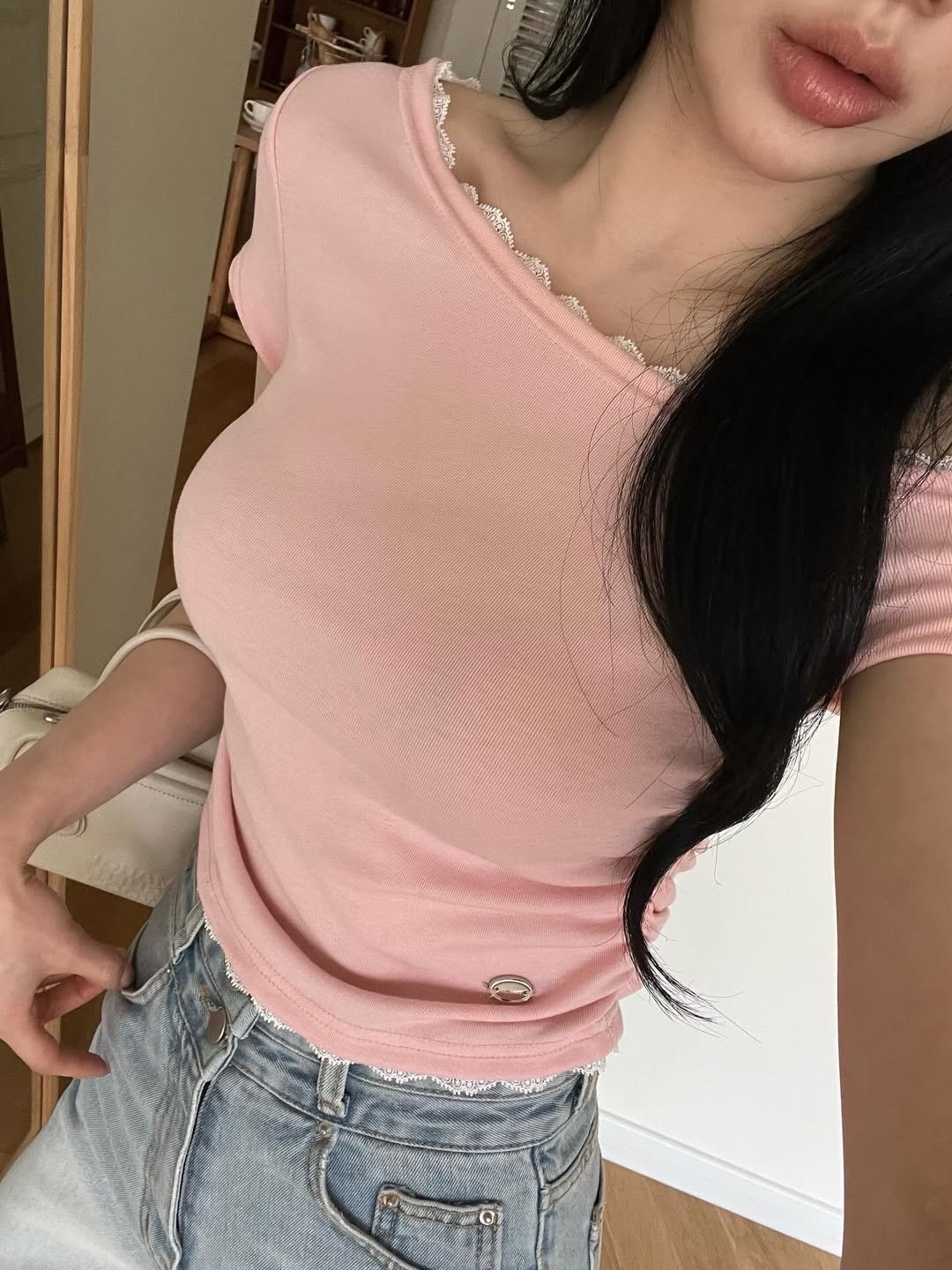 ♡正韓♡蕾絲側抓皺斜肩上衣