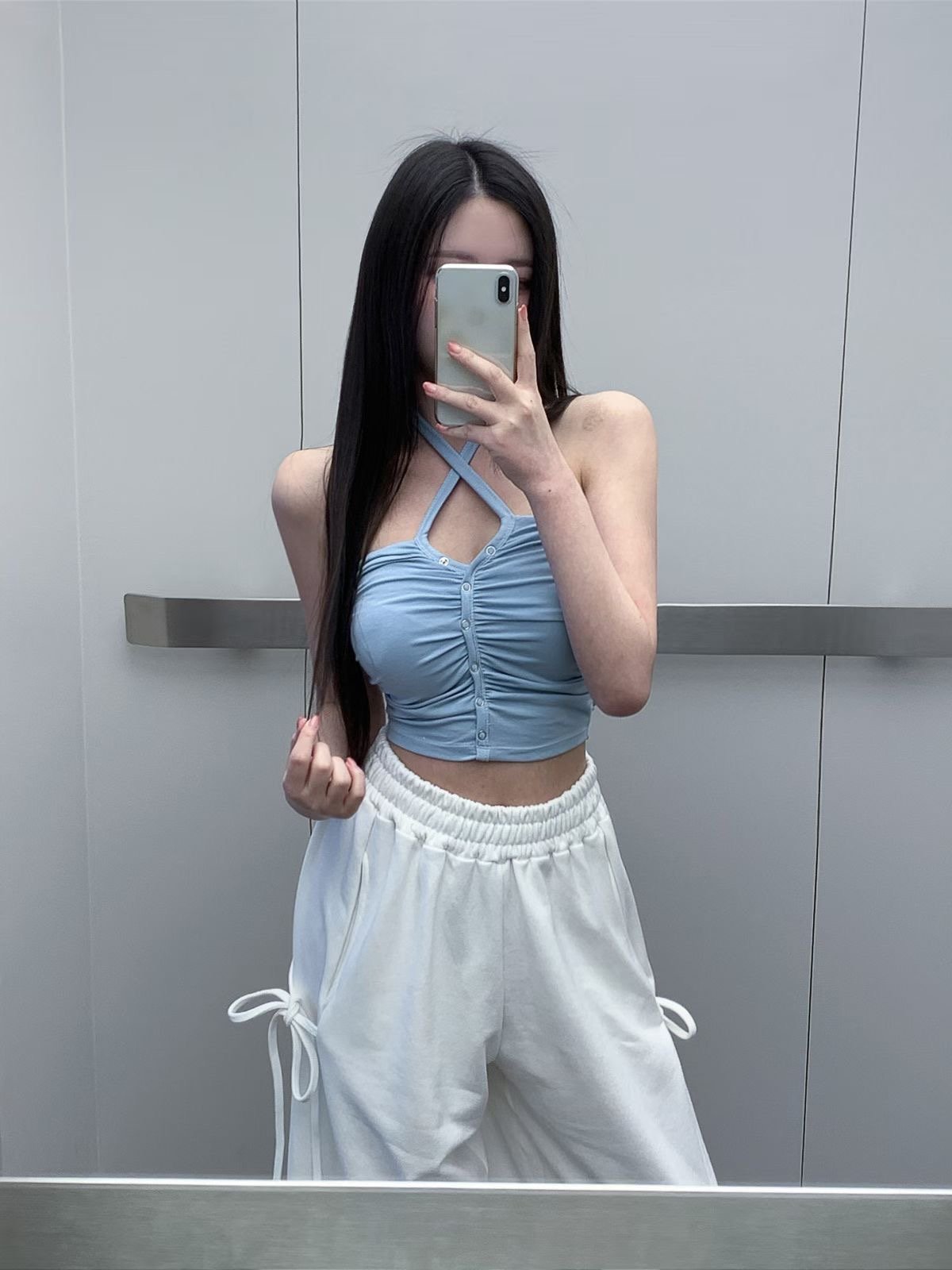 ♡正韓♡性感掛脖抓皺排扣上衣