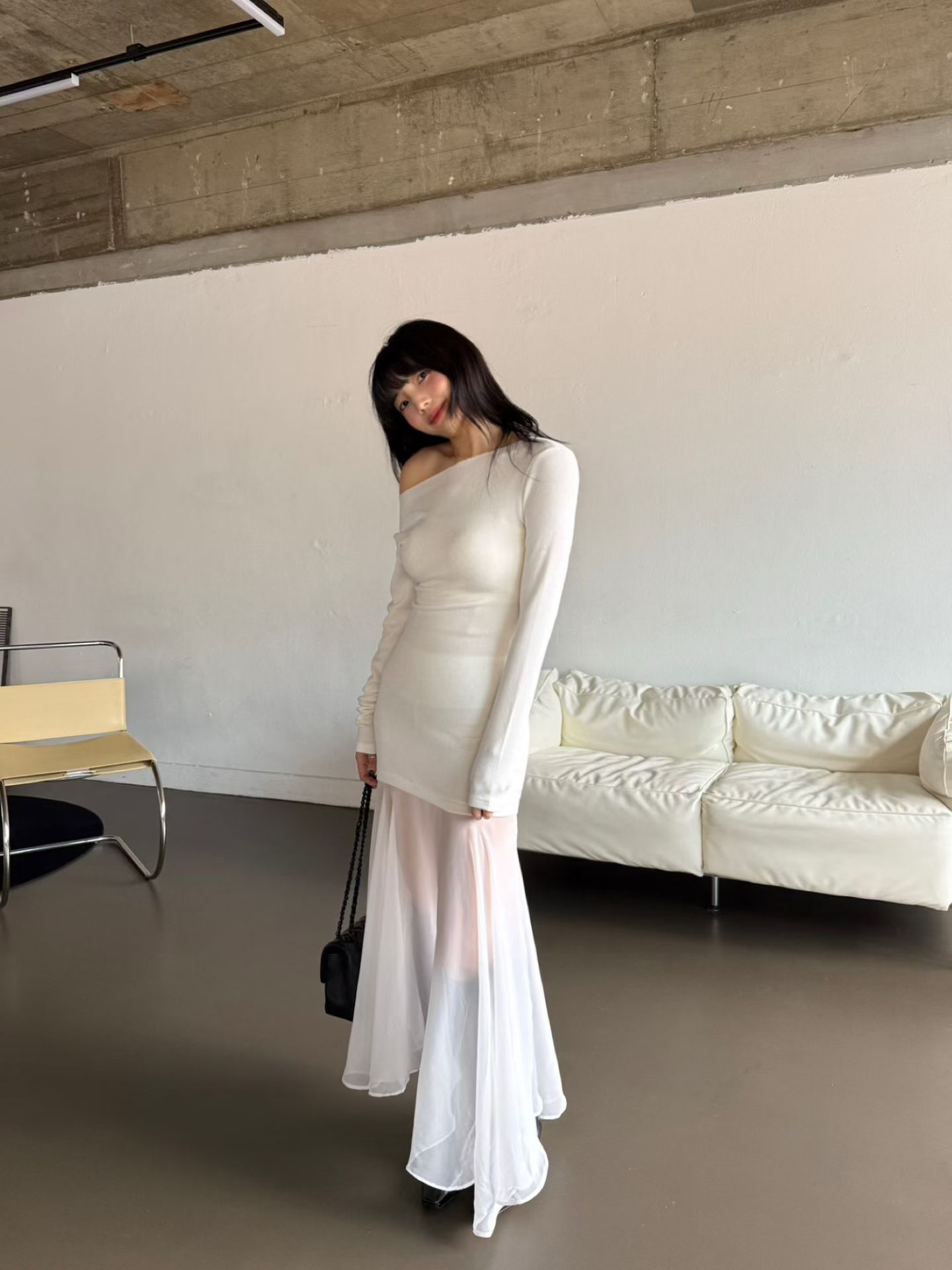 ♡正韓♡拼紗長袖洋裝可斜肩