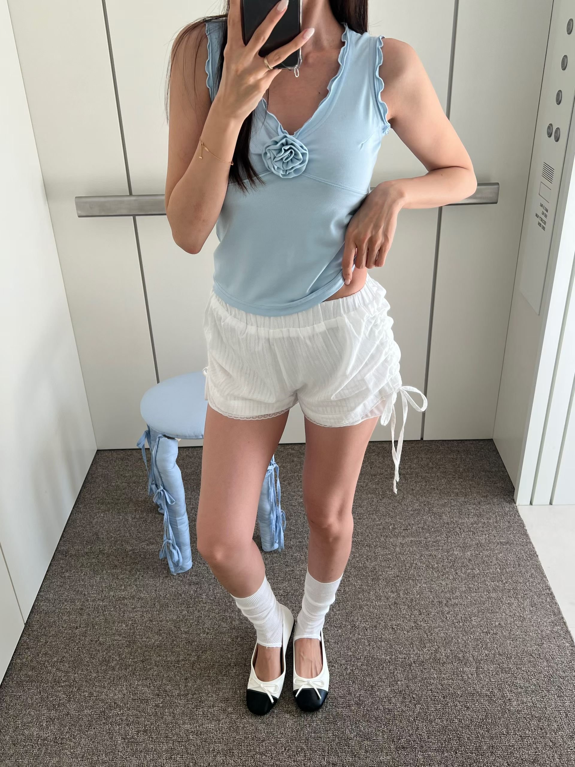 ♡正韓♡側抓皺綁帶蕾絲短褲