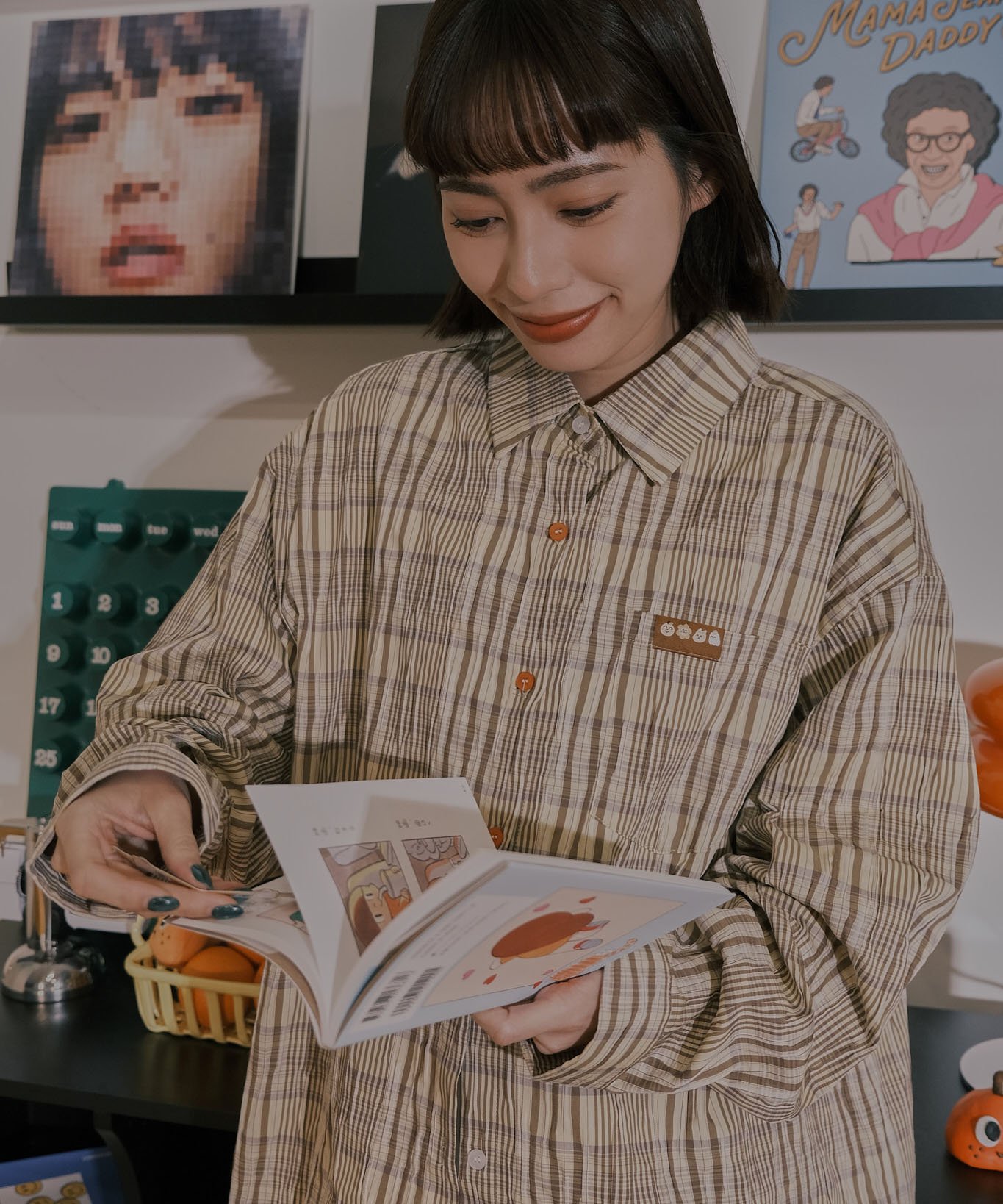 小標皺皺格紋襯衫 / 黃咖格